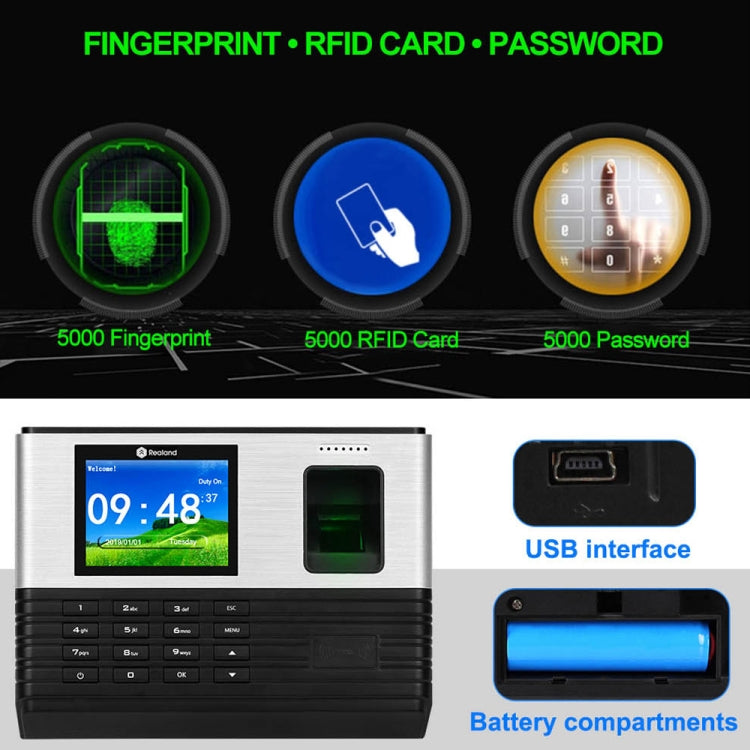 Realand AL355 Fingerprint Time Attendance with 2.8 inch Color Screen & ID Card Function & WiFi, AL355