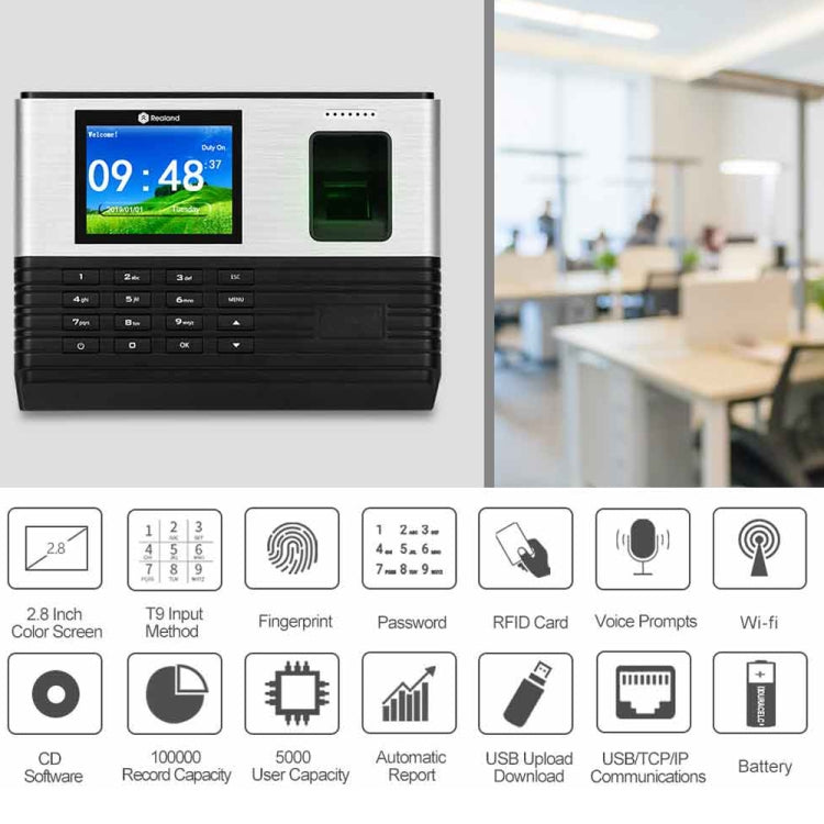 Realand AL355 Fingerprint Time Attendance with 2.8 inch Color Screen & ID Card Function & WiFi, AL355