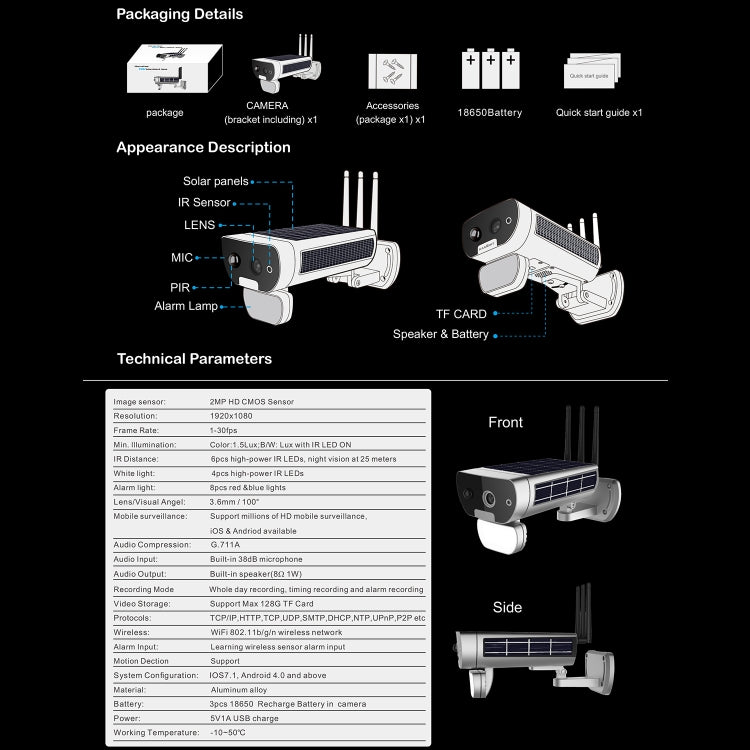 T8 1080P Full HD Solar Battery Ultra Low Power Sound Light Alarm Network Camera, Support Motion Detection, Night Vision, Two Way Audio, TF Card, T8