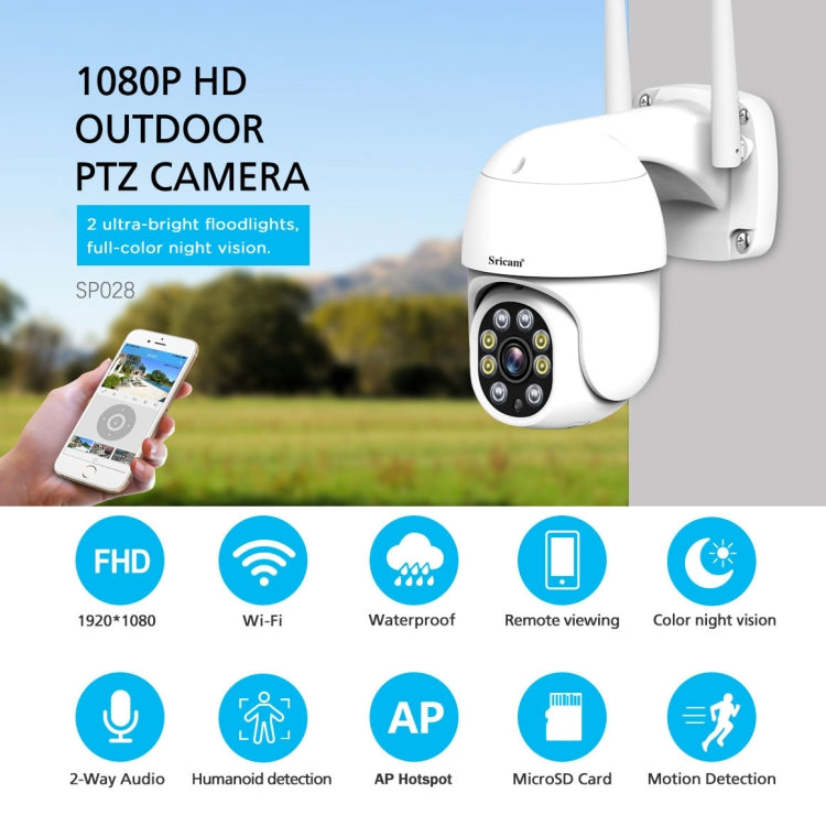 Sricam SP028 1080P HD Outdoor PTZ Camera, Support Two Way Audio / Motion Detection / Humanoid Detection / Color Night Vision / TF Card, US Plug, SP028 AU Plug, SP028 EU Plug, SP028 UK Plug, SP028 US Plug