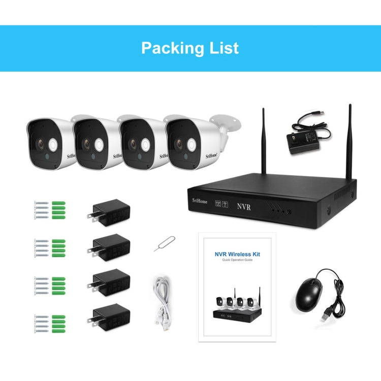 SriHome NVS001+IPC029 1080P 4-Channel NVR Kit Wireless Security Camera System, Support Humanoid Detection / Motion Detection / Night Vision, US Plug, 4-Channel