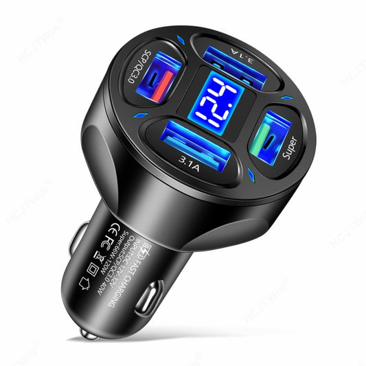 66W 4 in 1 Digital Display Fast Charging Car Charger with Voltmeter, 66W