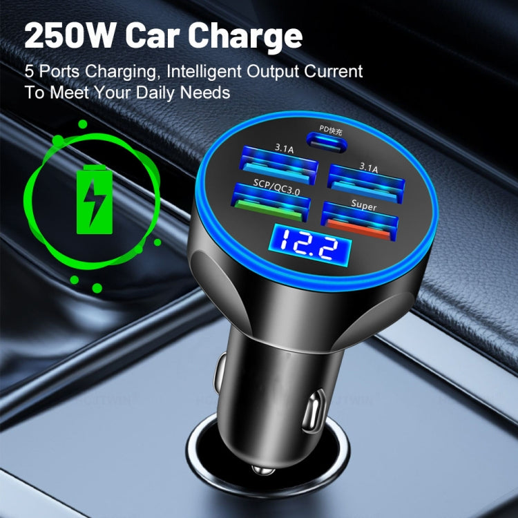 WGS-G37 5 in 1 Digital Display Super Fast Charging Car Charger with Voltmeter, WGS-G37