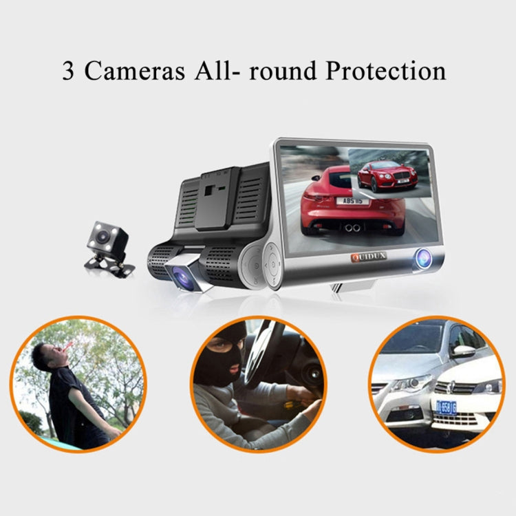 4.0 inch IPS Screen 5.0 Mega Pixels 170 Degrees Wide Angle Full HD 1080P 3 Channels Video Car DVR, Support Night Vision Fill Light / Reversing Visual / TF Card(32GB Max) / G-sensor / Motion Detection, 170 Degrees