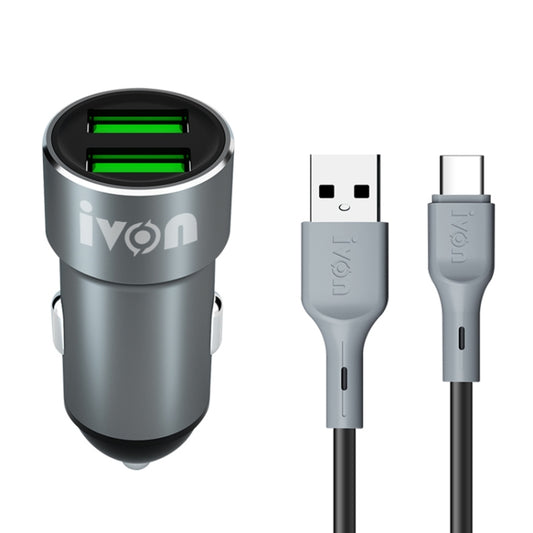 IVON CC38 2.4A Dual USB Car Charger + 1m USB to USB-C / Type-C Fast Charge Data Cable Set, USB-C / Type-C