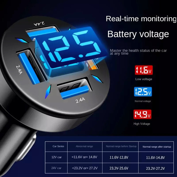 2pcs 4 in 1 USB 4.8A Digital Display Car Charger, 4.8A