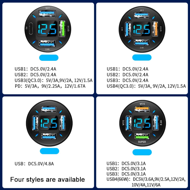 4 in 1 USB PD20W+QC3.0+2.4A Digital Display Car Fast Charger, PD20W+QC3.0+2.4A