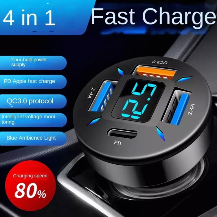 4 in 1 USB PD20W+QC3.0+2.4A Digital Display Car Fast Charger, PD20W+QC3.0+2.4A