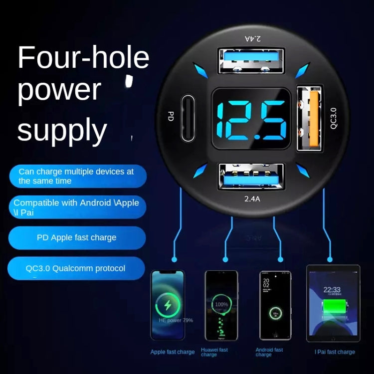 4 in 1 USB QC3.0 Digital Display Car Fast Charger, QC3.0