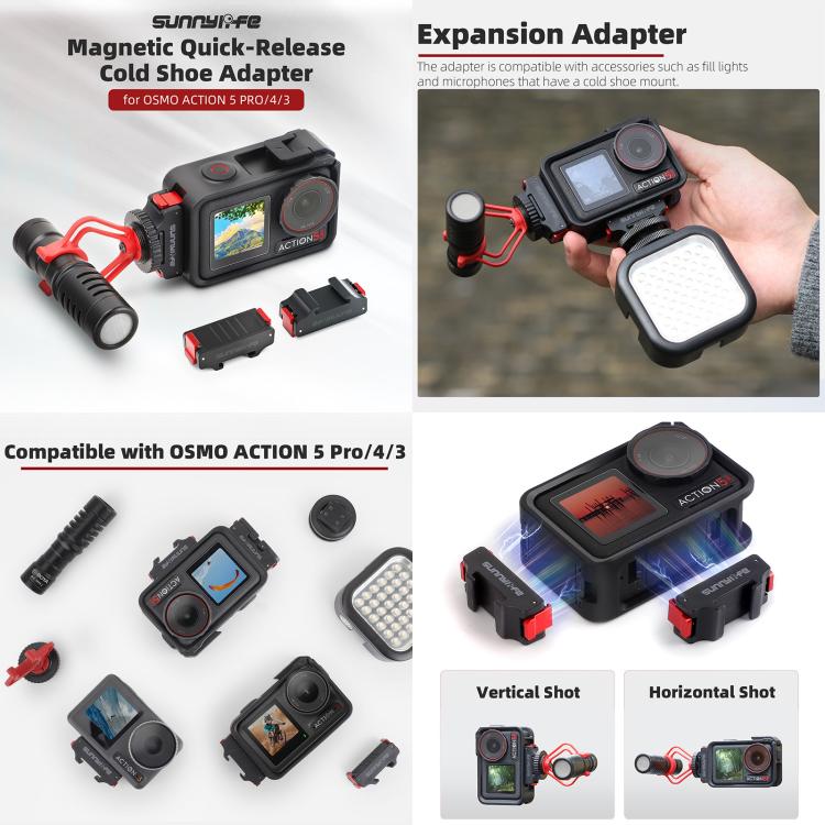 For DJI Osmo Action 5 Pro / 4 / 3 Sunnylife Foldable Magnetic Quick Release Mount + Magnetic Cold Shoe Adapter