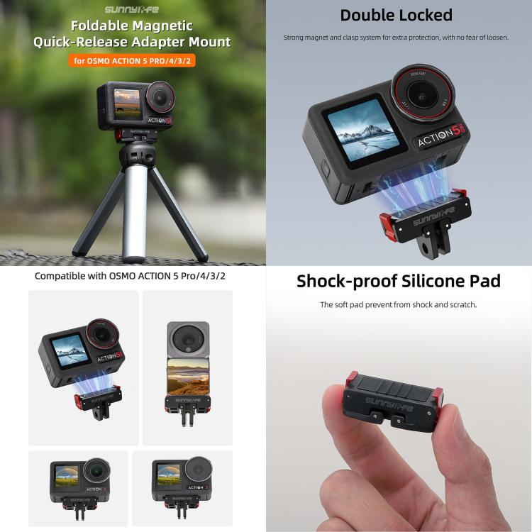 For DJI Osmo Action 5 Pro / 4 / 3 Sunnylife Foldable Magnetic Quick Release Mount + Magnetic Cold Shoe Adapter