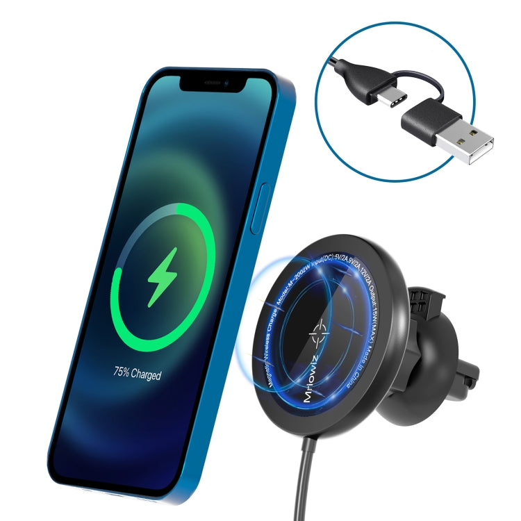 Mriowiz M-2002W 15W 360-degree Rotating MagSafe Magnetic Car Wireless Charger for iPhone 12 Series, with USB + USB-C / Type-C Data Cable, Cable Length: 1m, M-2002W