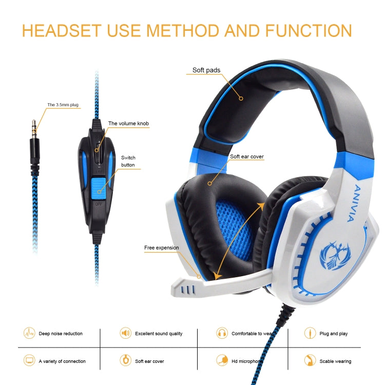 Anivia AH28 3.5mm Stereo Sound Wired Gaming Headset with Microphone, AH28(White Blue), AH28(Black Red), AH28(Black Blue), AH28(Black Purple)