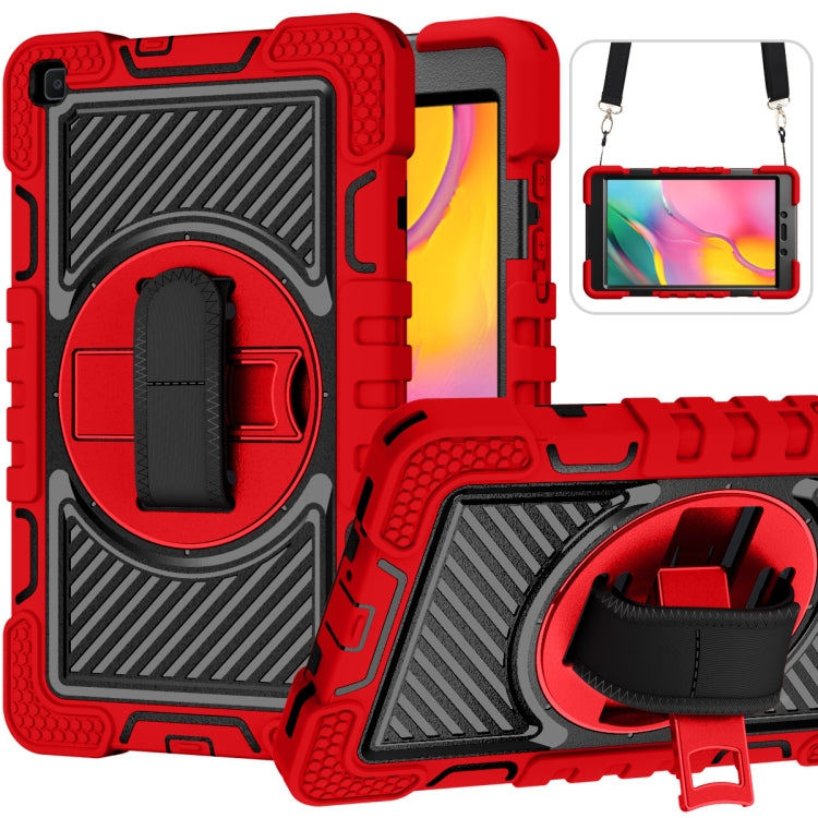 360 Degree Rotation Contrast Color Shockproof Silicone + PC Case with Holder & Hand Grip Strap & Shoulder Strap, For Samsung Galaxy Tab A 10.1 2019 T515, For Samsung Galaxy Tab A 8.0 2019 T290, For Samsung Galaxy Tab A 8.4 2020 T307