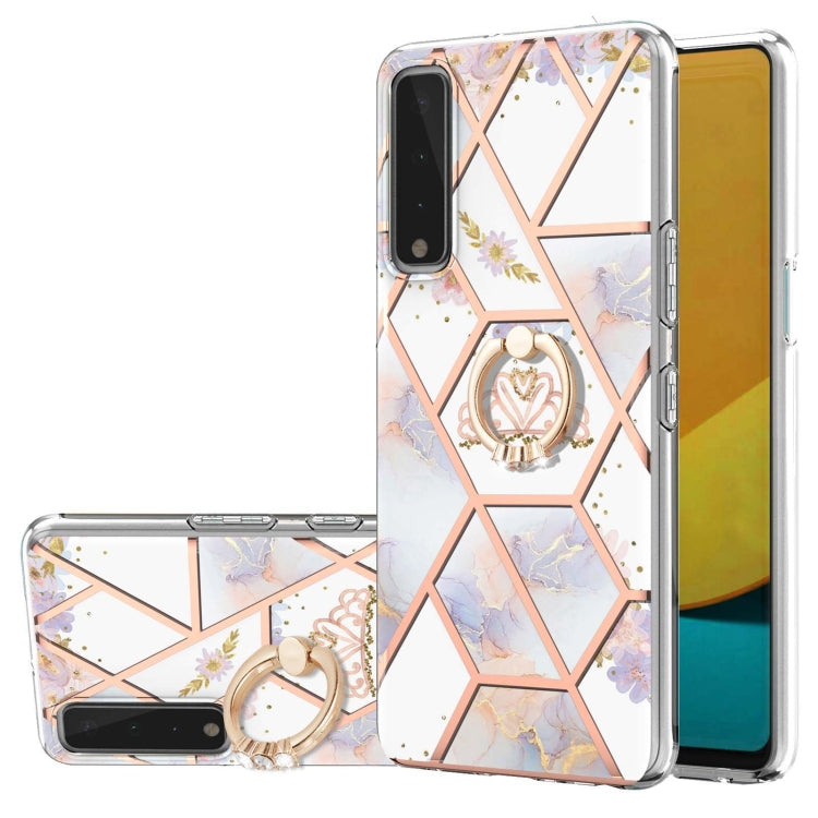 Electroplating Splicing Marble Flower Pattern TPU Shockproof Case with Rhinestone Ring Holder, For LG Stylo 7, For LG Stylo 7 5G, For LG Velvet, For LG Velvet 5G