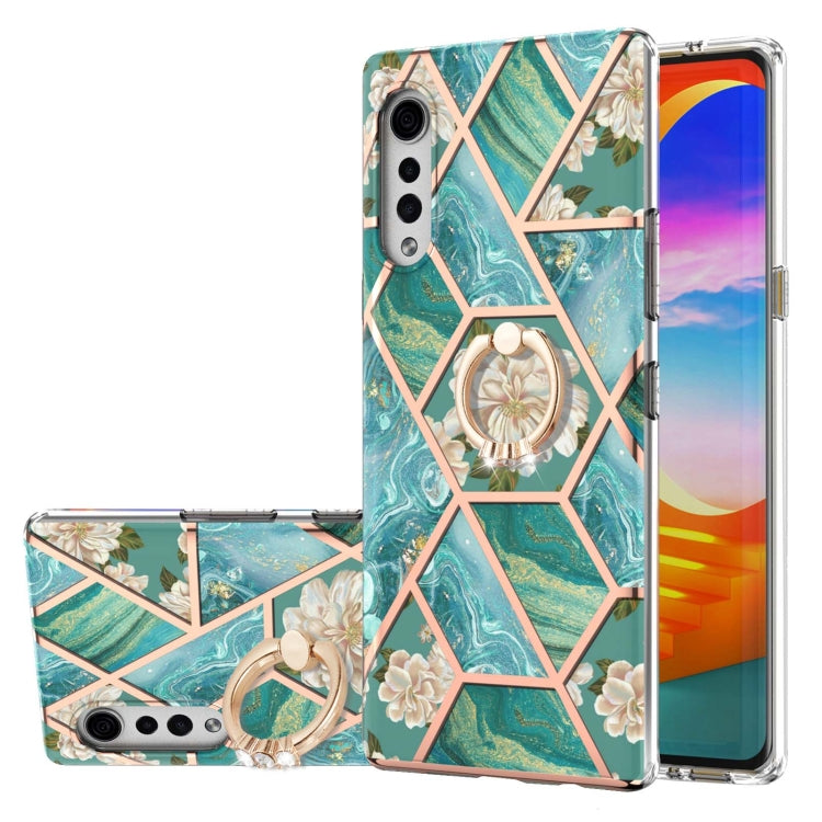 Electroplating Splicing Marble Flower Pattern TPU Shockproof Case with Rhinestone Ring Holder, For LG Stylo 7, For LG Stylo 7 5G, For LG Velvet, For LG Velvet 5G