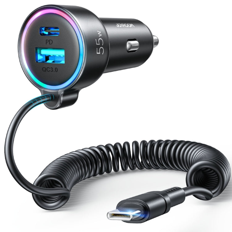 JOYROOM JR-CL07 3 in 1 55W PD USB-C / Type-C + USB Interface Car Charger with USB-C / Type-C Spring Data Cable, JR-CL07