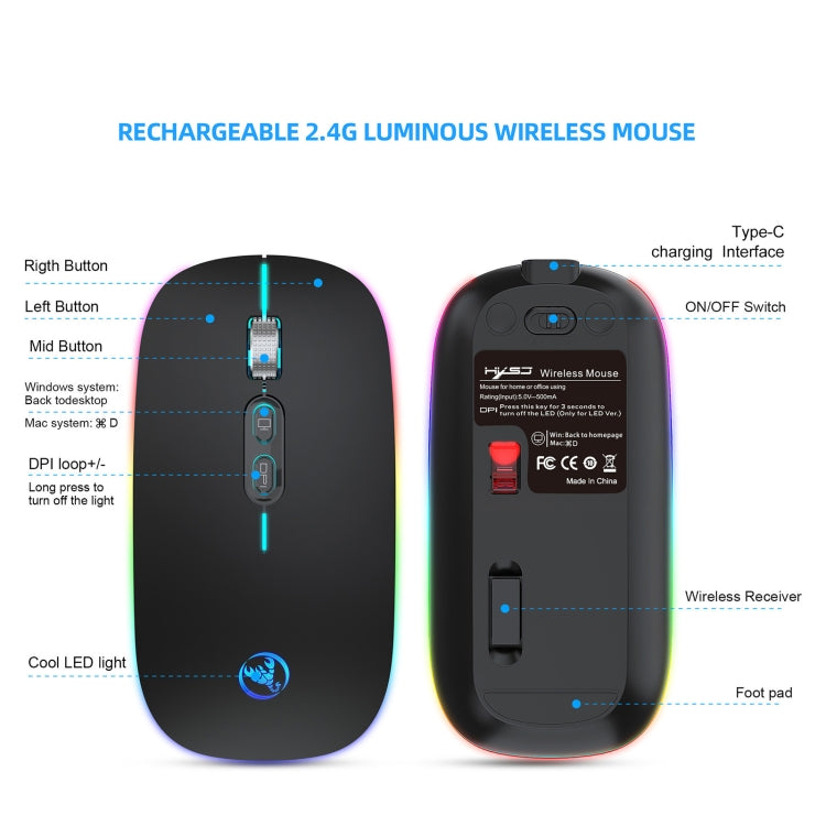 HXSJ M103FG 1600dpi Adjustable 2.4G RGB Light Wireless Mouse, 2.4G