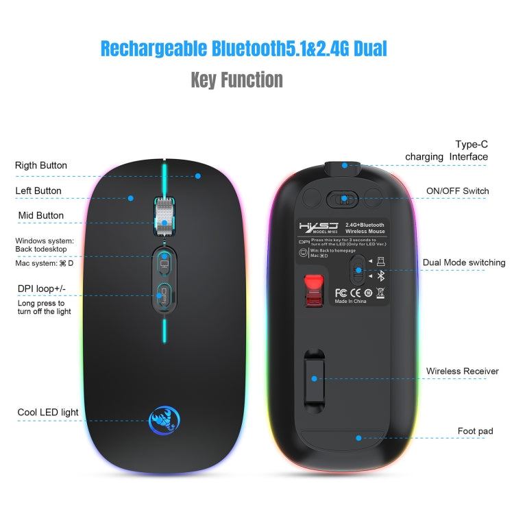 HXSJ M103FG 1600dpi Adjustable 2.4G + Bluetooth RGB Light Wireless Mouse, 2.4G + BT5.1