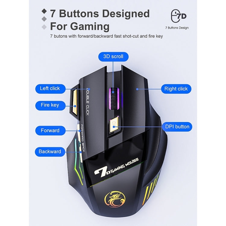 iMICE GW-X7 2.4G + Bluetooth Dual Mode 7-button Silent Rechargeable Wireless Gaming Mouse with Colorful RGB Lights, GW-X7 2.4G + Bluetooth