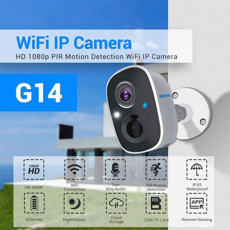 ESCAM G14 Rechargeable 1080P Full HD AI Recognition Infrared Night Vision WiFi Camera, G14