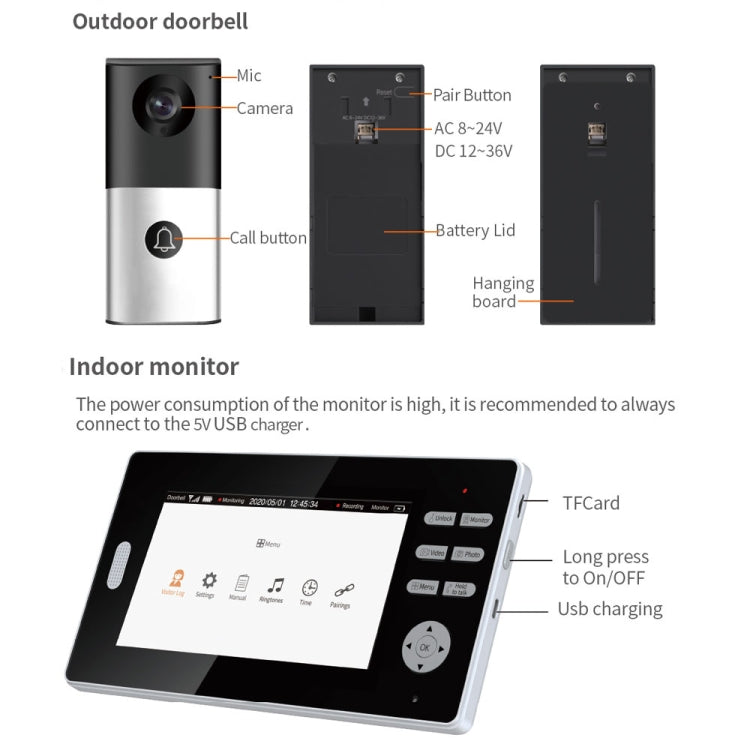 2.4G Wireless Video Doorbell 720P Support Night Vision & Talk & Monitor