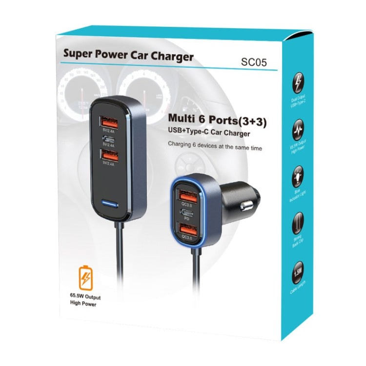 SC05 65.5W 6 in 1 PD / QC3.0 Fast Charge Extended Car Charger, SC05