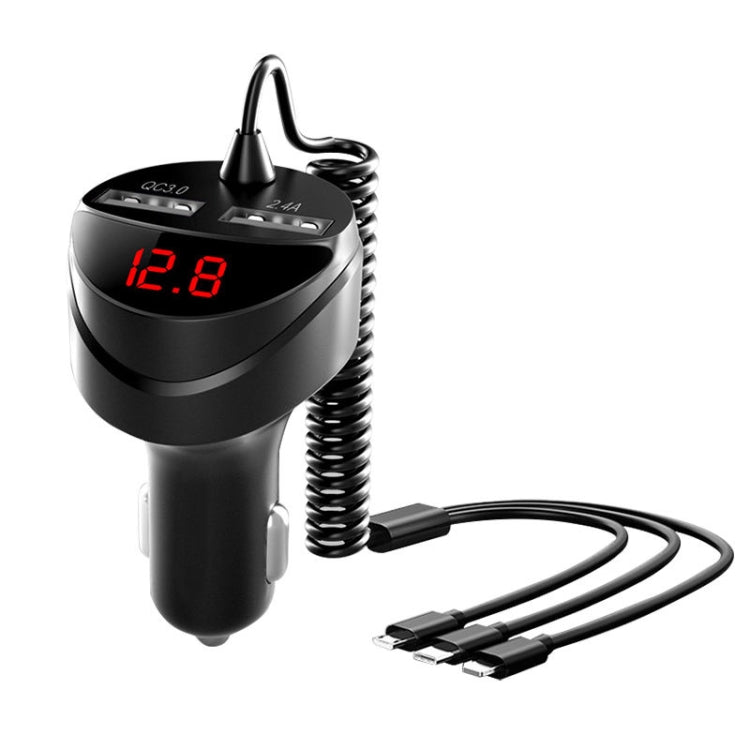 C68 LED Digital Display QC3.0 Fast Car Charger 3 in 1 with Spring Cable, C68 with Spring Cable, C68 (Silver)