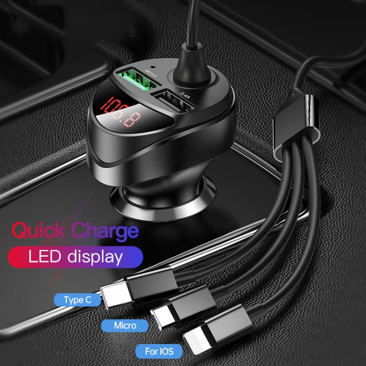 C68 LED Digital Display QC3.0 Fast Car Charger 3 in 1 with Spring Cable, C68 with Spring Cable, C68 (Silver)