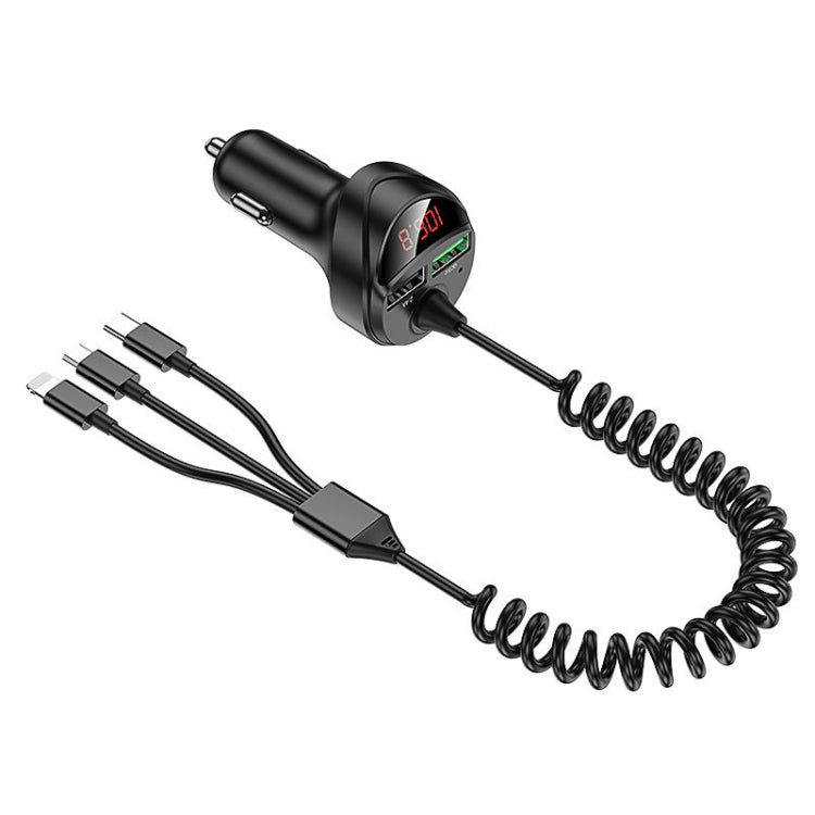 C68 LED Digital Display QC3.0 Fast Car Charger 3 in 1 with Spring Cable, C68 with Spring Cable, C68 (Silver)