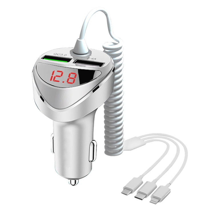 C68 LED Digital Display QC3.0 Fast Car Charger 3 in 1 with Spring Cable, C68 with Spring Cable, C68 (Silver)