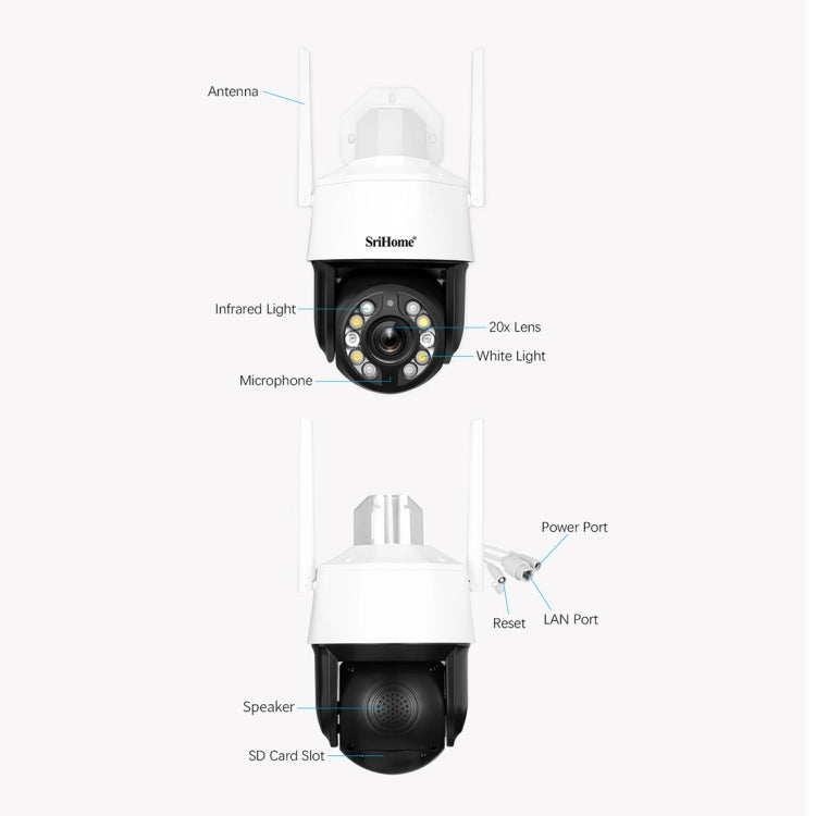 SriHome SH041 5.0MP 20X Optical Zoom 2.4G/5G WiFi Waterproof AI Auto Tracking H.265 Video Surveillance, US Plug, EU Plug, UK Plug, AU Plug