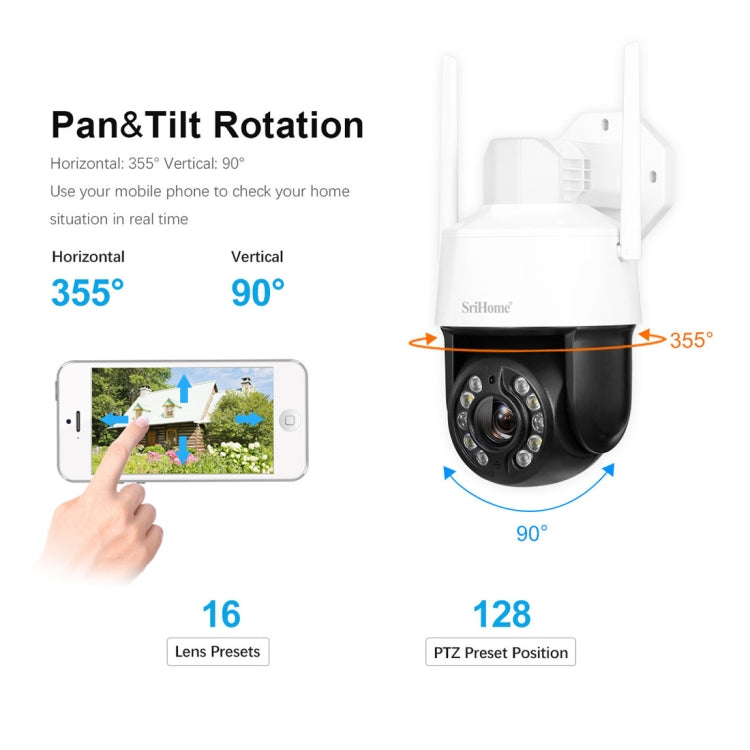 SriHome SH041 5.0MP 20X Optical Zoom 2.4G/5G WiFi Waterproof AI Auto Tracking H.265 Video Surveillance, US Plug, EU Plug, UK Plug, AU Plug