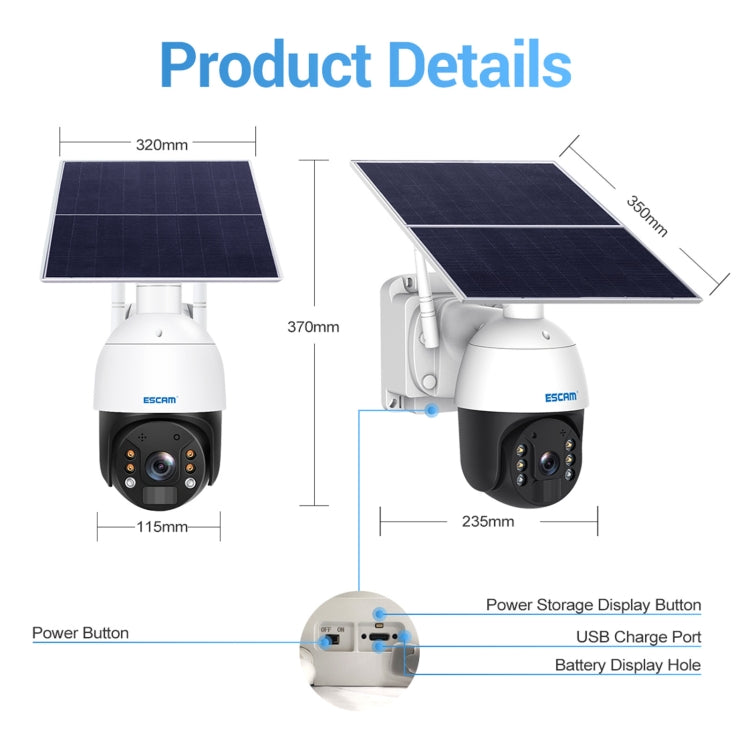 ESCAM QF724 3MP 24h Recording Cloud Storage PT 4G PIR Alarm IP Camera with Solar Panel, US Plug, EU Plug