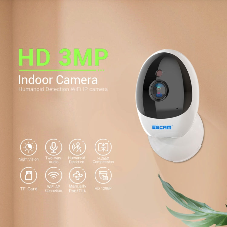 ESCAM QF006 3MP 1296P HD Indoor Wireless PTZ IP Camera IR Night Vision AI Humanoid Detection Home Security CCTV Monitor, AU Plug, UK Plug, EU Plug, US Plug