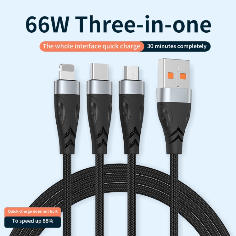 ADC-008 66W USB to USB-C/Type-C + 8 Pin + Micro USB 3 in 1 Fully Compatible Fast Charge Data Cable, 1.2m, 2m