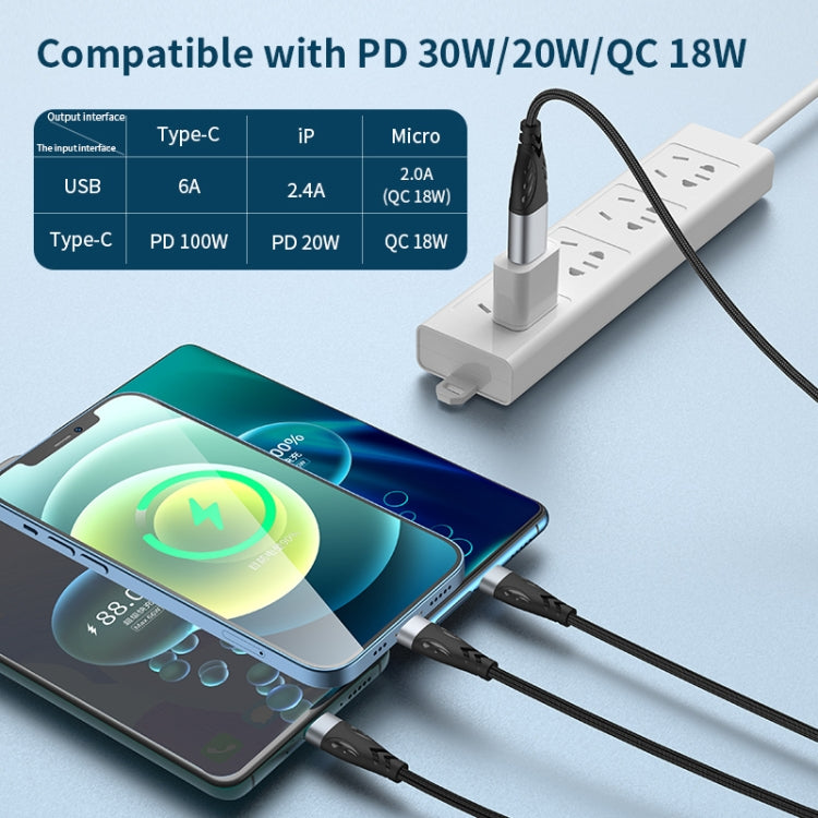 ADC-008 66W USB to USB-C/Type-C + 8 Pin + Micro USB 3 in 1 Fully Compatible Fast Charge Data Cable, 1.2m, 2m