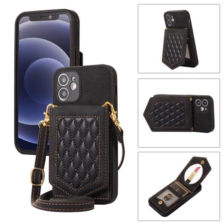 Rhombic Texture RFID Phone Case with Lanyard & Mirror, For iPhone 11 Pro, For iPhone 11, For iPhone SE 2022 / SE 2020 / 8 / 7, For iPhone 8 Plus / 7 Plus