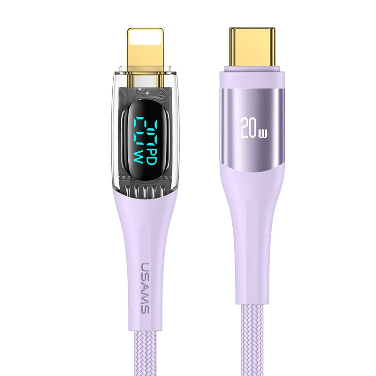 USAMS Type-C to 8 Pin PD20W Aluminum Alloy Transparent Digital Display Fast Charge Data Cable, 1.2m, Type-C to 8 Pin, 2m, Type-C to 8 Pin