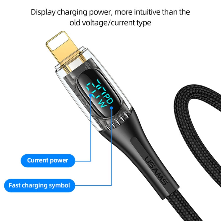 USAMS Type-C to 8 Pin PD20W Aluminum Alloy Transparent Digital Display Fast Charge Data Cable, 1.2m, Type-C to 8 Pin, 2m, Type-C to 8 Pin