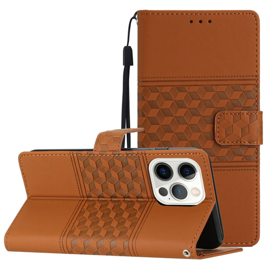 Diamond Embossed Skin Feel Leather Phone Case with Lanyard, For iPhone 13 Pro, For iPhone 13 Pro Max, For iPhone 14, For iPhone 14 Plus
