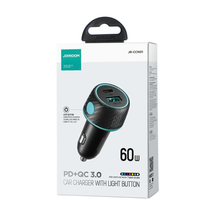 JOYROOM JR-CCN01 60W USB+USB-C / Type-C Multi-color Car Charger with Light Button, JR-CCN01