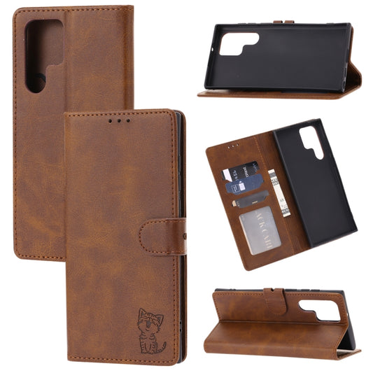 Embossed Happy Cat Pattern Flip Leather Phone Case, For Samsung Galaxy S23 Ultra 5G, For Google Pixel 7a, For Sony Xperia 5 IV