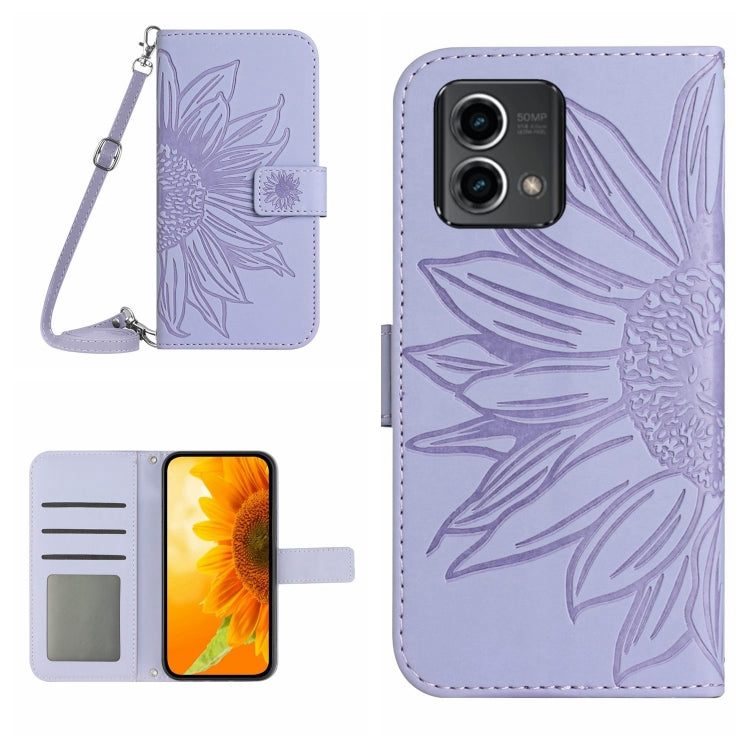 HT04 Skin Feel Sun Flower Embossed Flip Leather Phone Case with Lanyard, For Motorola Moto G Power 2023, For Motorola Moto G Stylus 5G 2023