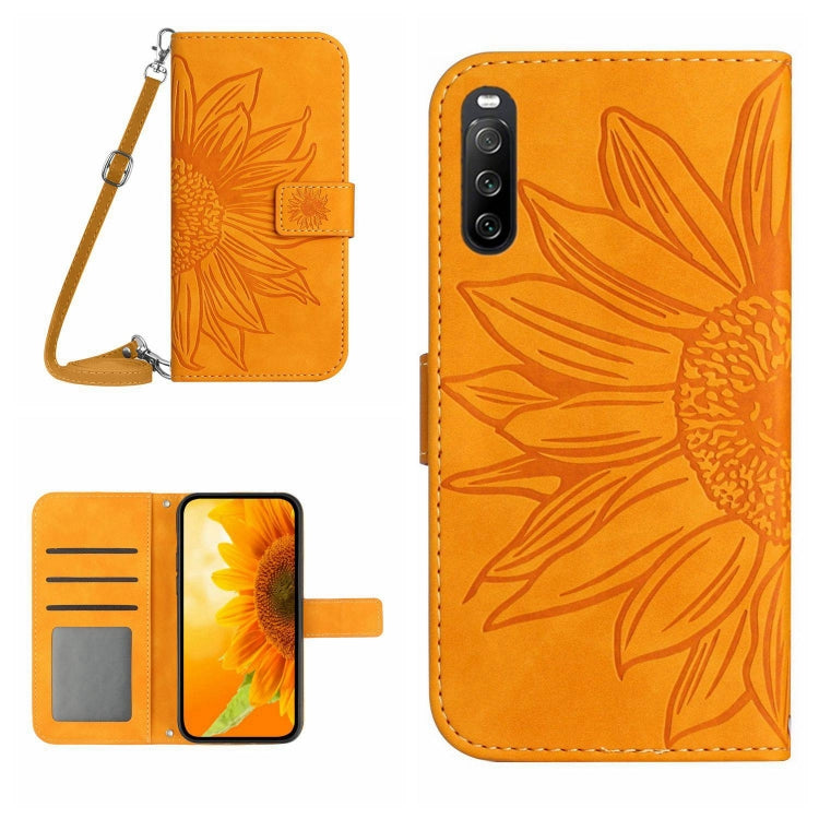 HT04 Skin Feel Sun Flower Embossed Flip Leather Phone Case with Lanyard, For Sony Xperia 10 V, For vivo V27, For Samsung Galaxy F14 5G Global