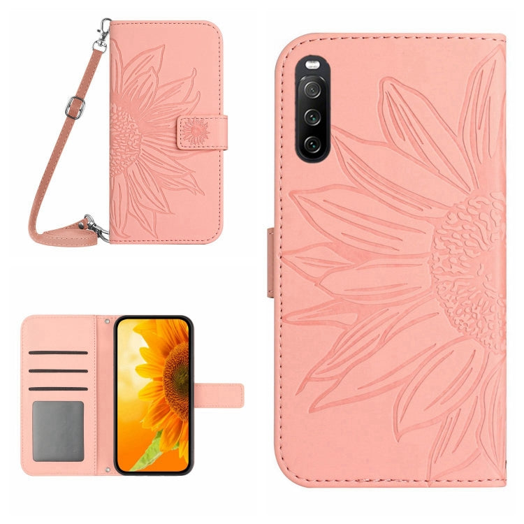 HT04 Skin Feel Sun Flower Embossed Flip Leather Phone Case with Lanyard, For Sony Xperia 10 V, For vivo V27, For Samsung Galaxy F14 5G Global