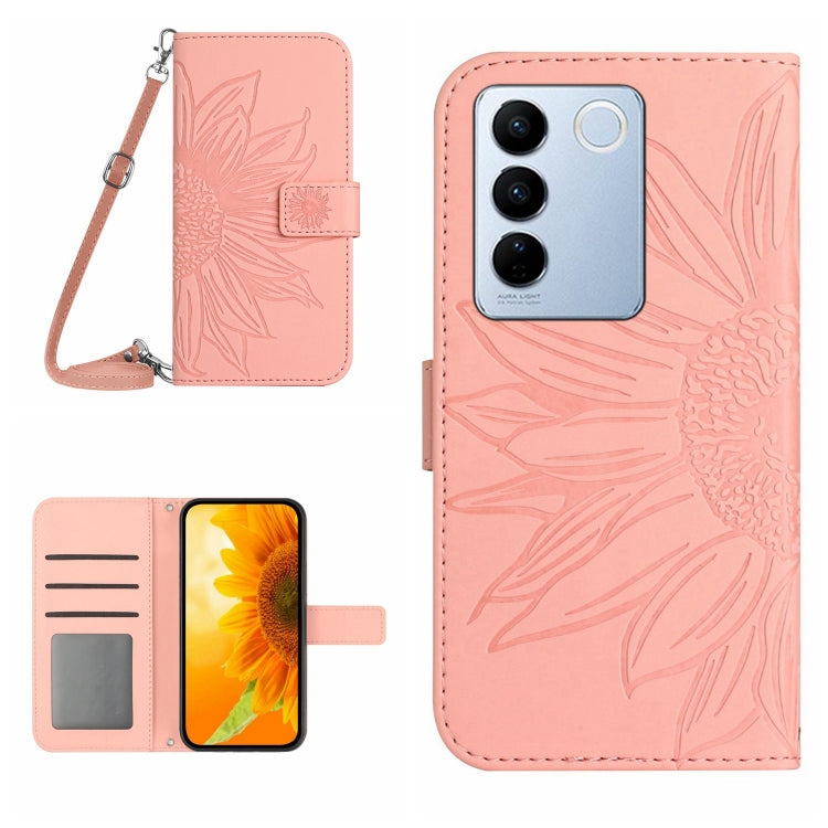 HT04 Skin Feel Sun Flower Embossed Flip Leather Phone Case with Lanyard, For Sony Xperia 10 V, For vivo V27, For Samsung Galaxy F14 5G Global