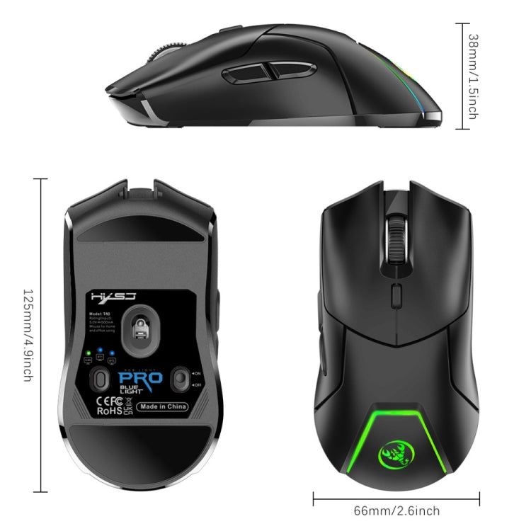 HXSJ T40 7 Keys 4000DPI Three-mode Colorful Backlight Wireless Gaming Mouse Rechargeable, T40 Black, T40 White