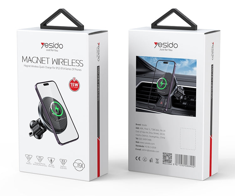 Yesido C190 15W Magsafe Magnetic Car Air Vent Wireless Charger, C190