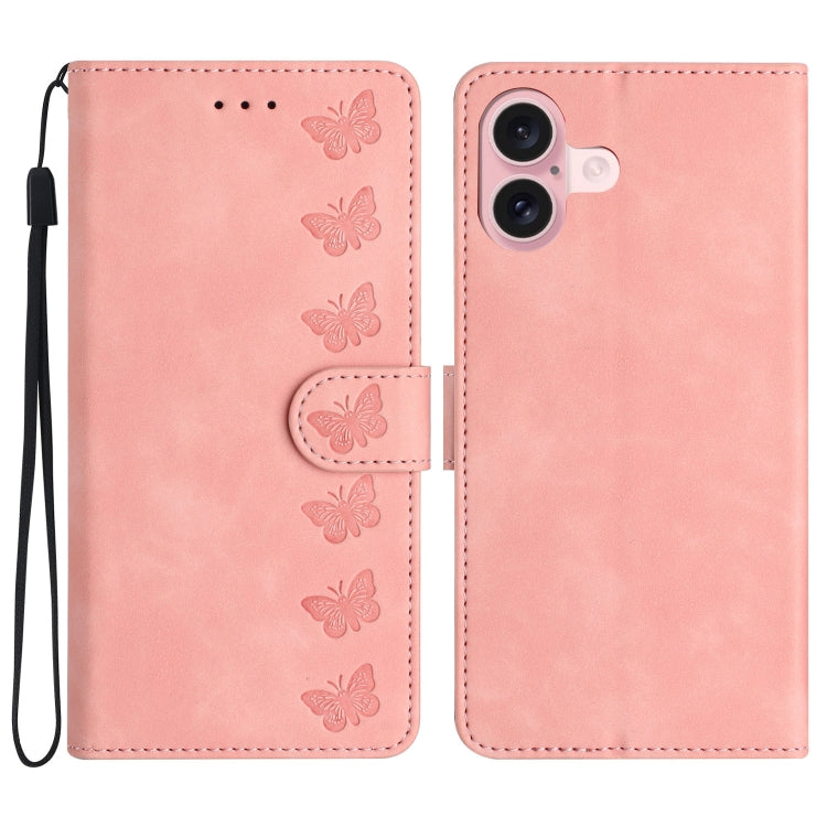 Seven Butterflies Embossed Leather Phone Case, For iPhone 16 Pro Max, For iPhone 16 Pro, For iPhone 16 Plus, For iPhone 16, For iPhone 15 Pro Max